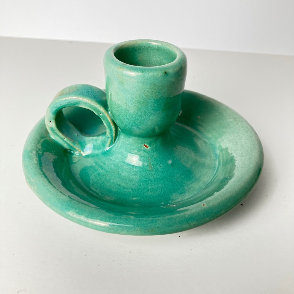 Bybee Pottery Chamberstick Candle Holder 5in Turquoise Green BB Stamped Vintage - Picture 3 of 6